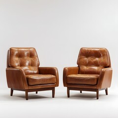 Two vintage brown leather armchairs with tufted backs and wooden legs against a white background