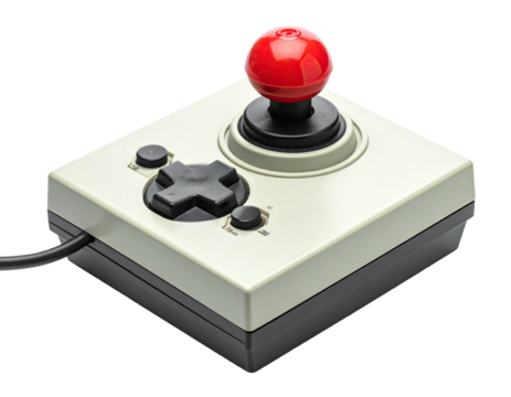 Close-up of retro video game controller, square base, red joystick, black cross buttons, wire