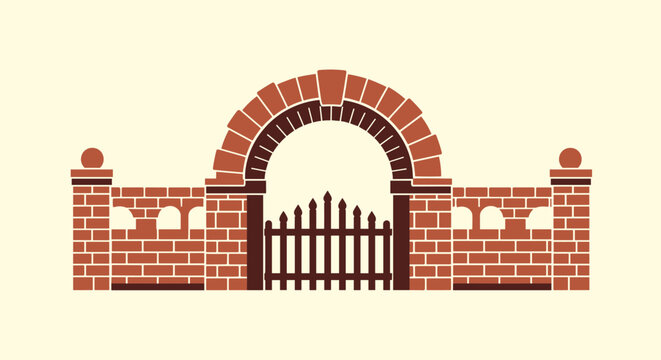 Classic red brick fence and archway with a dark wooden gate creating an elegant and traditional entrance silhouette design.
