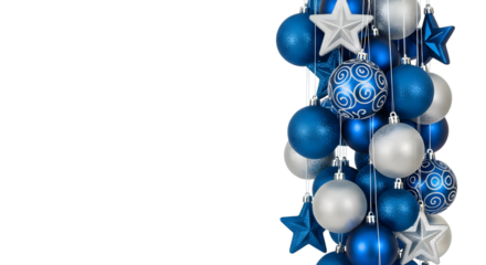 Blue and silver Christmas ornaments and stars hanging vertically isolated on a transparent background