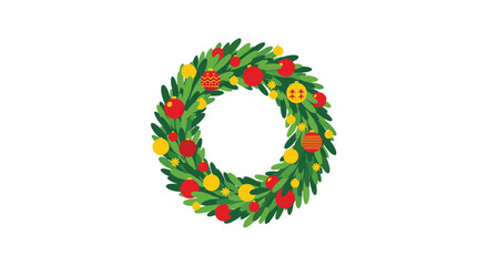 Festive Christmas wreath made of green pine branches and decorated with red and yellow ornaments for the holiday season.