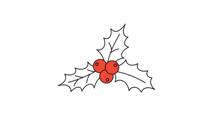 Minimalist line art illustration of a Christmas holly sprig with three red berries and sharp leaves for holiday decor.