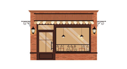 Classic brick storefront facade with a striped awning a large display window and vintage wall lamps for a cozy shop.