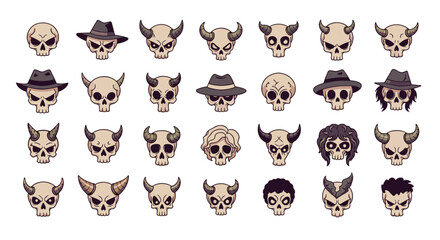 Large collection of stylized cartoon skulls with various accessories like horns hats hair and different spooky expressions.