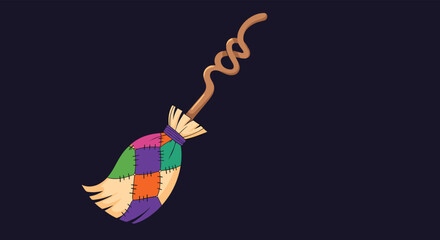 Whimsical witch's broom with a colorful patchwork design and a curly wooden handle for a magical Halloween celebration.