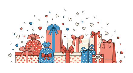 Lovely collection of gift boxes and bags in various sizes with colorful bows and heart patterns for any celebration.