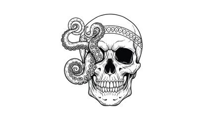 Detailed hand-drawn illustration of a human skull with twisting octopus tentacles emerging from one eye socket for a dark art design.