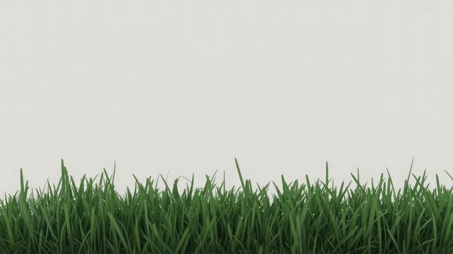 Fresh green grass with glistening water droplets against a light background