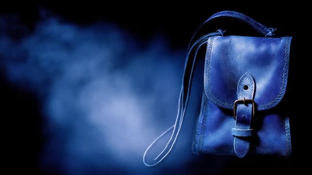 A blue leather shoulder bag with a buckle closure and strap, with smoky blue effect in the background