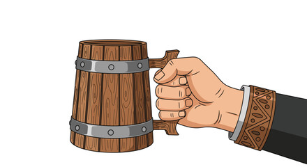 Hand with a decorative cuff firmly holds a large wooden beer mug creating a scene of celebration and cheers in a tavern.