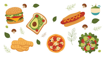 Delicious assortment of popular foods including a hamburger pizza hot dog and avocado toast in a textured illustration set.
