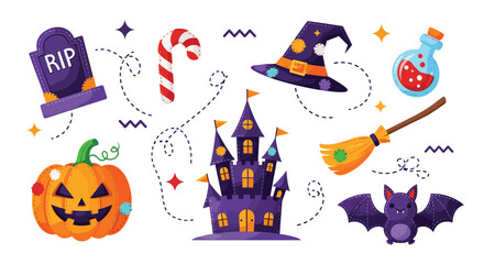 Adorable collection of stitched-style Halloween icons including a castle pumpkin bat witch hat and a candy cane.