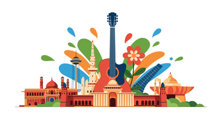 Colorful collage of famous Indian landmarks and cultural symbols centered around a large acoustic guitar celebrating India.