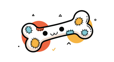 Adorable kawaii dog bone character with a cute face and colorful patches in a playful and modern illustration style.