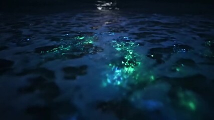 Dynamic oceanic light show created by microscopic organisms, illuminating the breaking waves with ethereal, pulsating blue and green glows. Capturing the raw, untouched beauty of nature's nocturnal?
