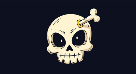 Spooky and funny cartoon skull with large eyes and a bone pierced through its head on a dark navy blue background.