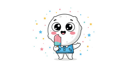 Cheerful kawaii moon character with big eyes and a happy smile is eating a colorful popsicle surrounded by little stars.