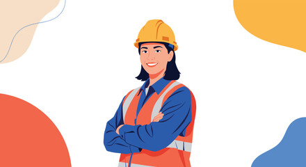 Confident female construction worker or engineer in a hard hat and safety vest stands with her arms crossed and smiling.