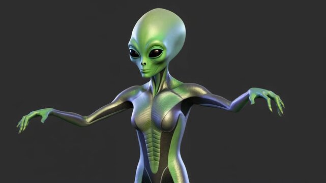 Green skinned humanoid alien figure standing against a dark grey background with outstretched arms, showcasing otherworldly features
