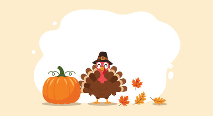 Cute Thanksgiving scene with a turkey in a pilgrim hat a large pumpkin and falling autumn leaves on a pastel background.