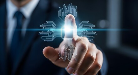 Businessman s finger touching a digital interface with glowing circuitry and data