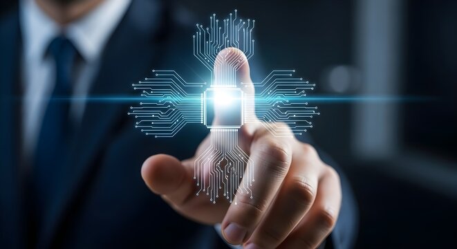 Businessman s finger touching a digital interface with glowing circuitry and data