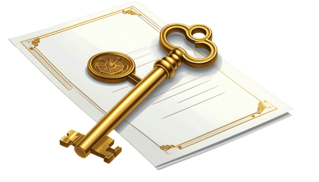 A golden skeleton key rests upon a blank paper with decorative borders, suggesting importance