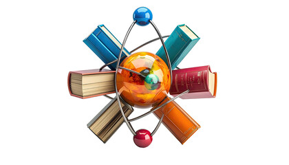 Artistic depiction of knowledge, combining atomic structure with educational books