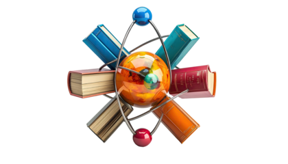 Artistic depiction of knowledge, combining atomic structure with educational books