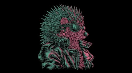 Punk Hedgehog with Teal Mohawk and Leather Jacket