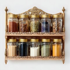 Ornate wooden spice rack filled with glass jars of colorful spices and herbs