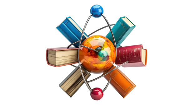 Artistic depiction of knowledge, combining atomic structure with educational books