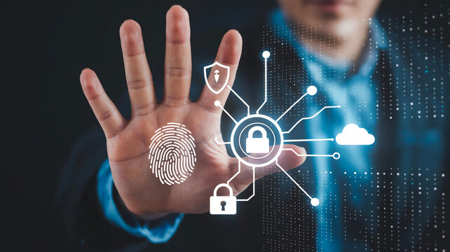 Man presenting cybersecurity concept with fingerprint, lock, shield, and cloud icons