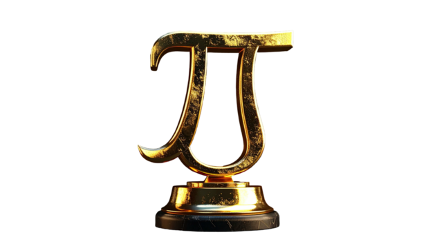 Golden, 3D rendered, mathematical symbol on a pedestal, against a black background