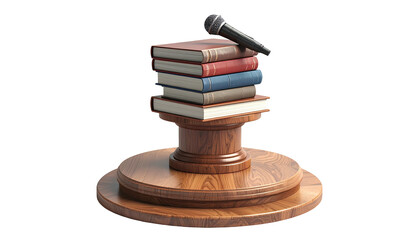 Stack of books atop a podium with a microphone, rendering a symbol for speeches