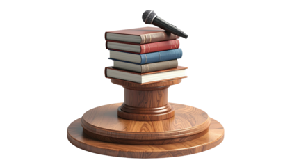 Stack of books atop a podium with a microphone, rendering a symbol for speeches