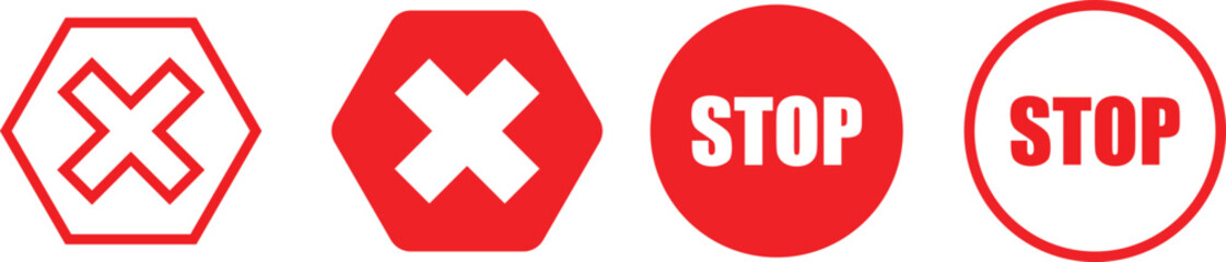 Red Stop and No Entry Symbols. Driving warning signs. Prohibition Road Sign Set. Vehicle warning icons. Traffic restriction symbol
