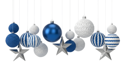 Blue and white Christmas ornaments and silver stars hanging isolated on a transparent background bauble