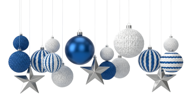 Blue and white Christmas ornaments and silver stars hanging isolated on a transparent background bauble