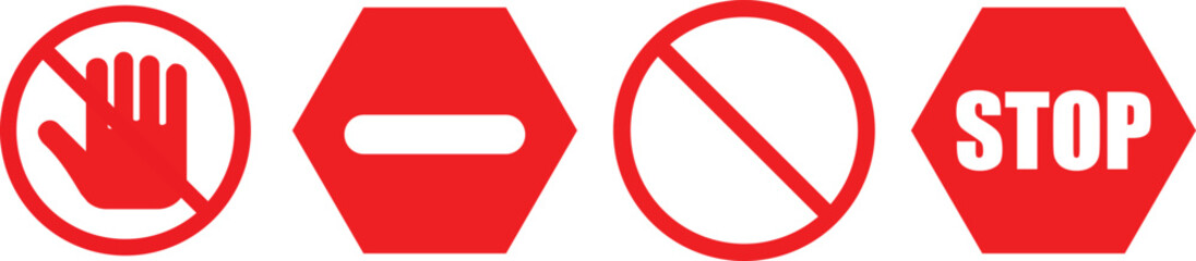 Red Stop and No Entry Symbols. Driving warning signs. Prohibition Road Sign Set. Vehicle warning icons. Traffic restriction symbol  © Sultana Design