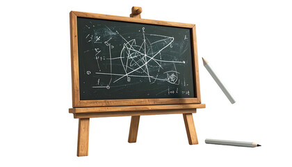A wooden school chalkboard, with mathematical scribbles and chalk on a stand