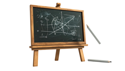 A wooden school chalkboard, with mathematical scribbles and chalk on a stand