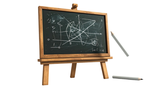 A wooden school chalkboard, with mathematical scribbles and chalk on a stand - Powered by Adobe
