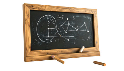 A wooden-framed chalkboard with mathematical diagrams and chalk, ready for a lesson