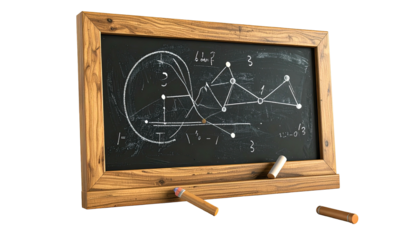 A wooden-framed chalkboard with mathematical diagrams and chalk, ready for a lesson