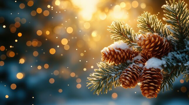 Snow-covered fir branches with pine cones against a warm glowing bokeh background, creating a festive winter scene. Seasonal designs, holiday themes. Copy space for text