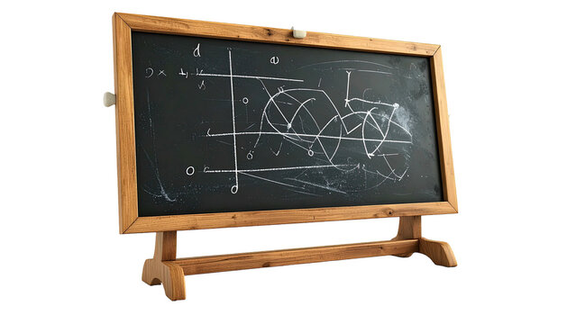 A classroom blackboard, standing on a wooden easel, displaying geometric shapes and equations
