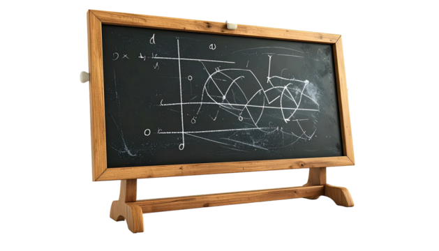 A classroom blackboard, standing on a wooden easel, displaying geometric shapes and equations