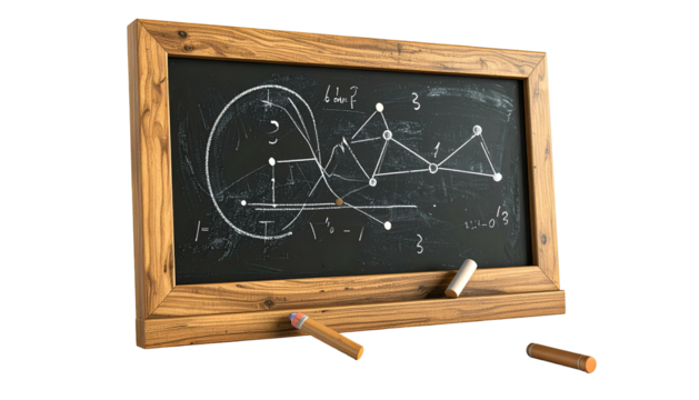 A wooden-framed chalkboard with mathematical diagrams and chalk, ready for a lesson