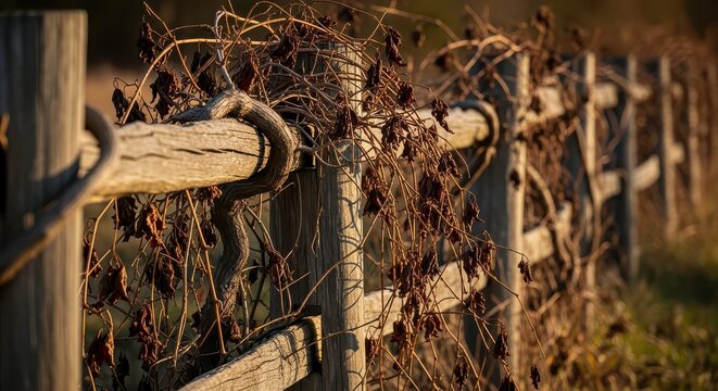 A weathered wooden fence adorned with dried vines and leaves in a rural setting under natural light